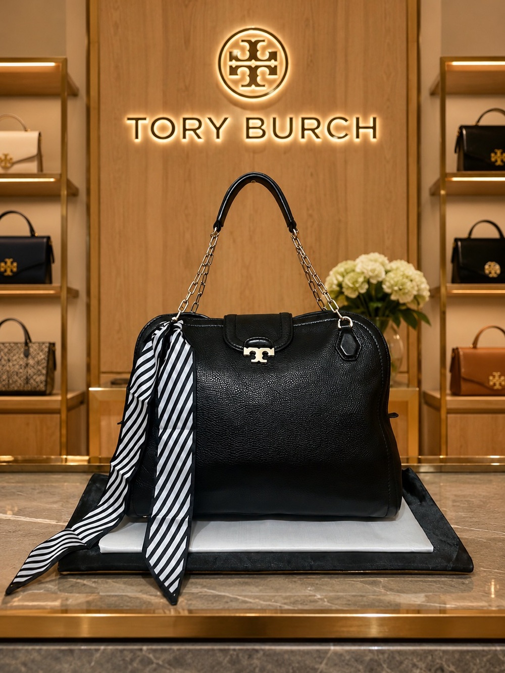 Tory Burch Sammy T Leather Shoulder Bag with Free Bag Scarf & Dust Bag.
